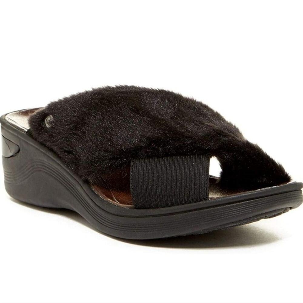 Bzees Desire Comfort wedge sandals black faux fur sz 8.5